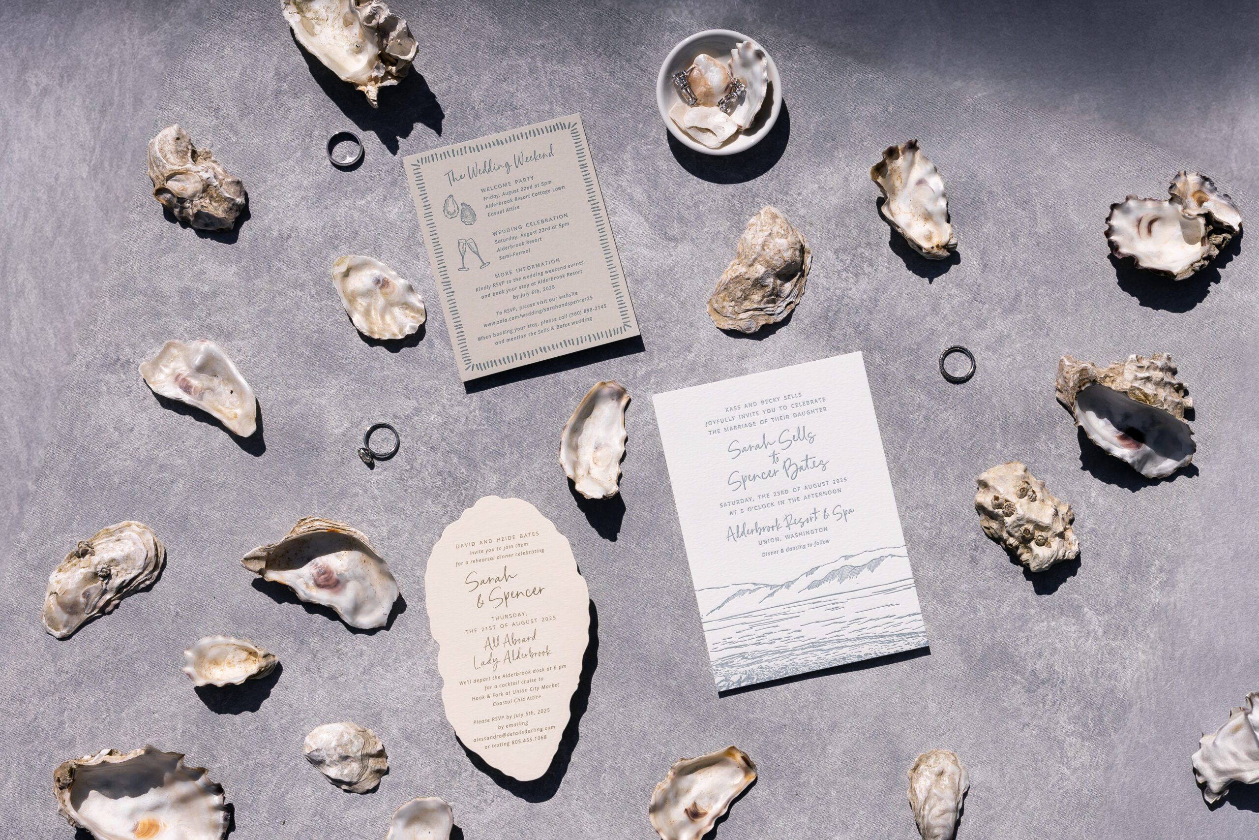 wedding invitations with oyster shells during alderbrook resort spa wedding
