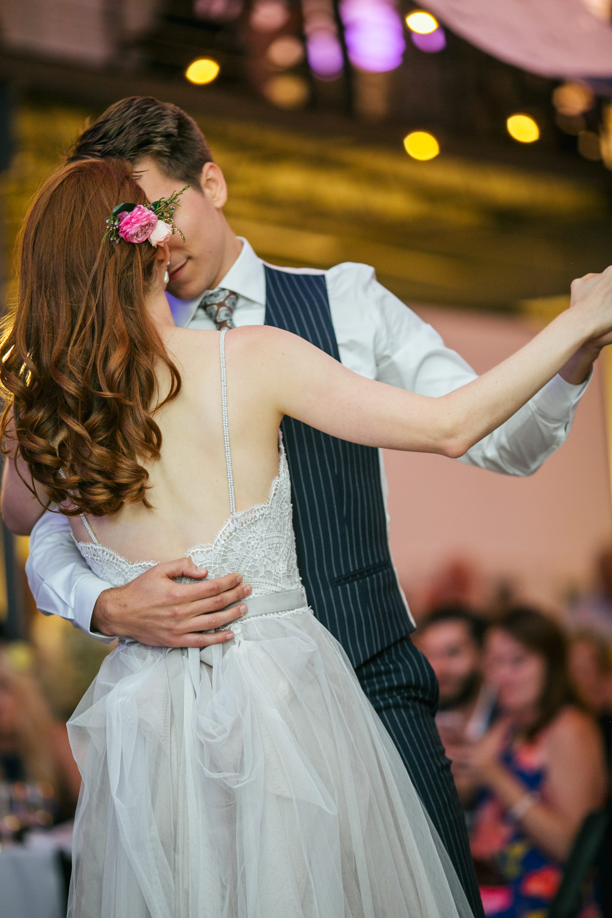 bride and groom first dance, first dance ideas, first dance as husband and wife, red haired bride, simple wedding hair, curly red hair