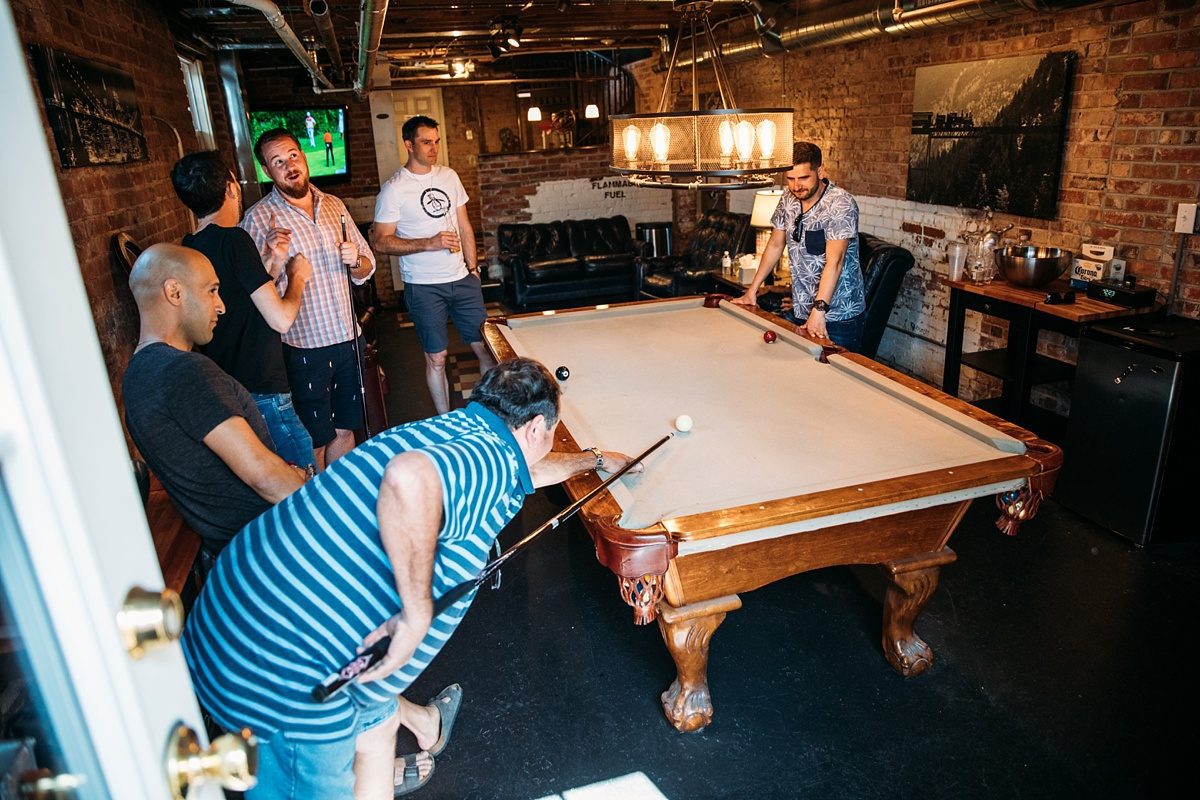 groomsmen getting ready, the manor house wedding, groom, groomsmen, wedding playing pool, colorado wedding, colorado wedding venue