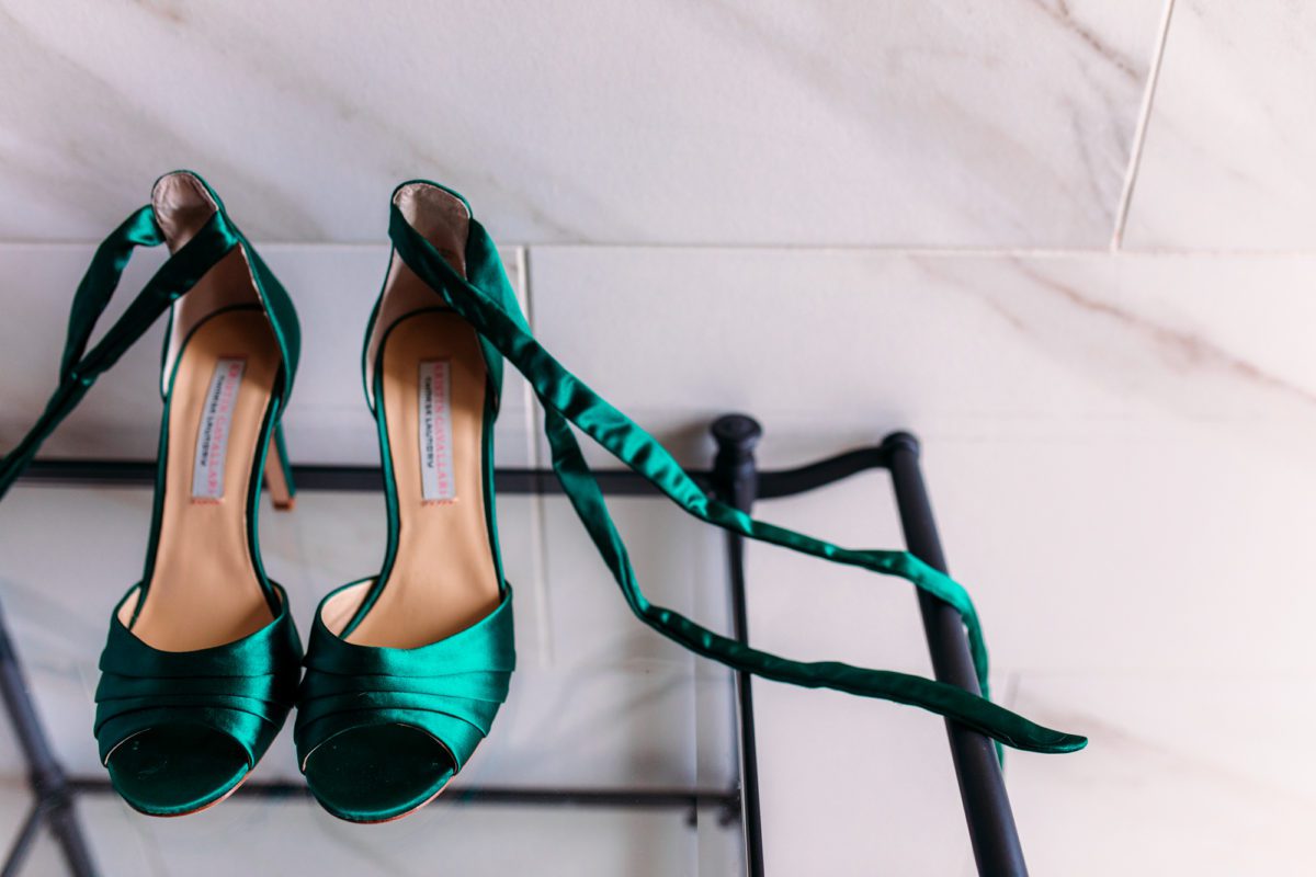 emerald wedding shoes, emerald wedding color, silk green heels, green wedding shoes, jewel tone wedding colors, wedding details, getting ready at Crawford hotel, denver Crawford hotel