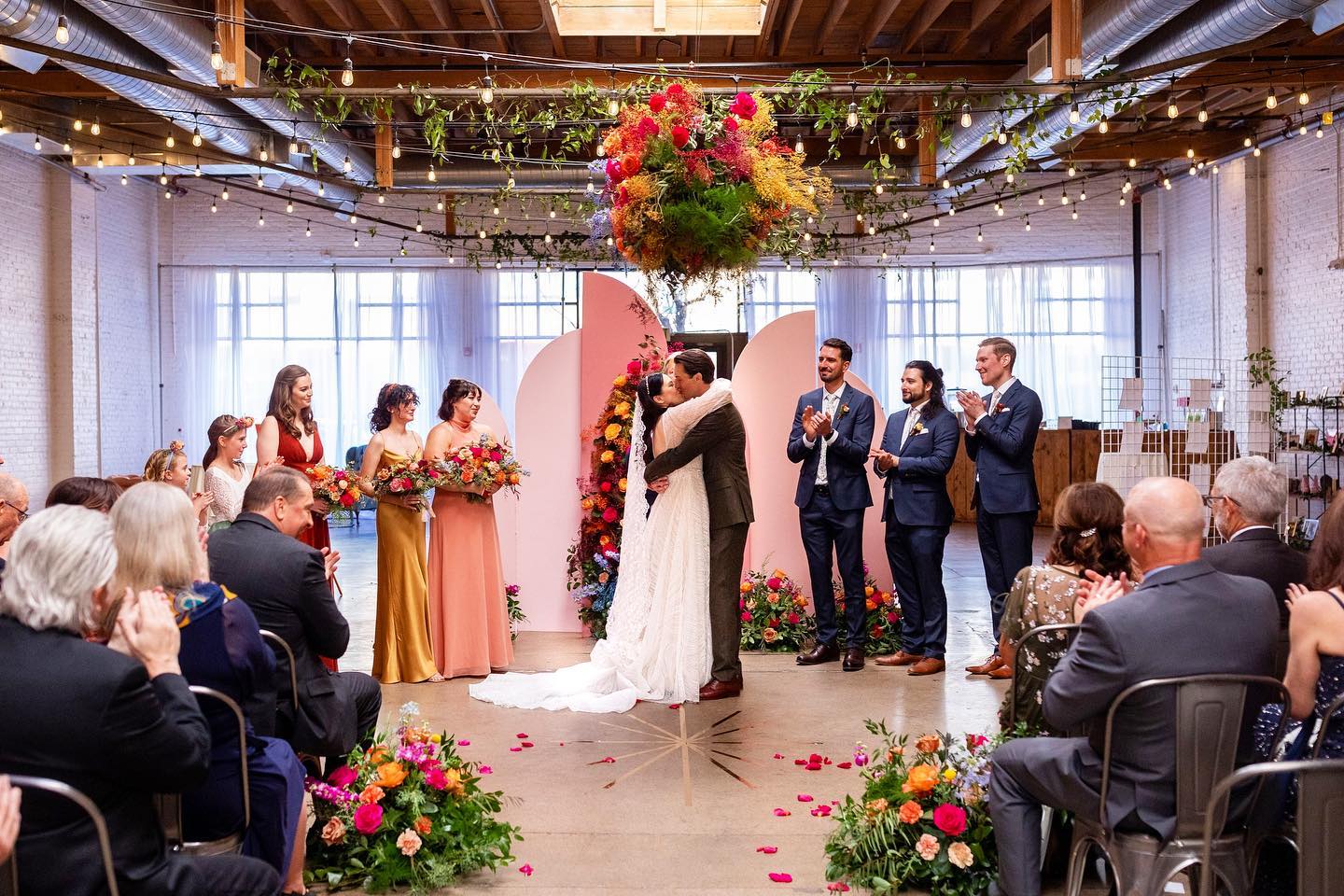 Colorful urban downtown wedding with modern feel and bright florals.
