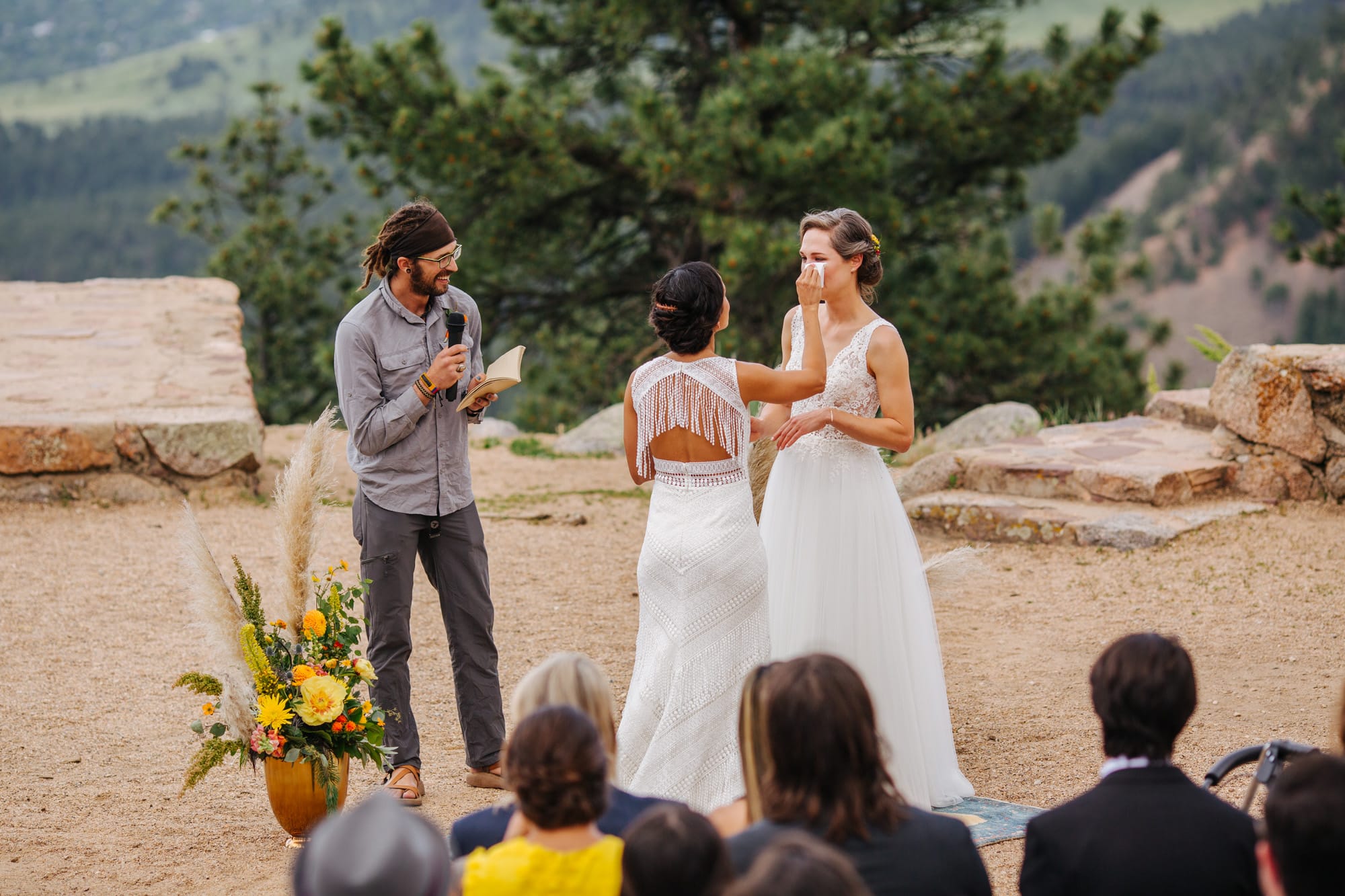 boulder lgbt wedding, outdoor wedding ceremony, sunrise amphitheater wedding, boulder wedding venue, boulder colorado, bride tears wedding
