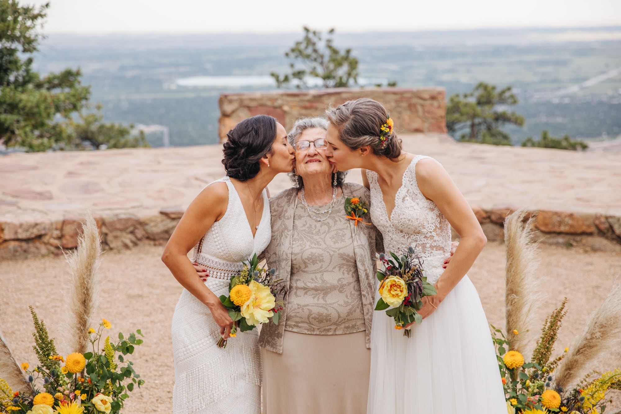 two brides, lgbt wedding, family photos wedding, sunrise amphitheater wedding, boulder wedding, bride with grandma