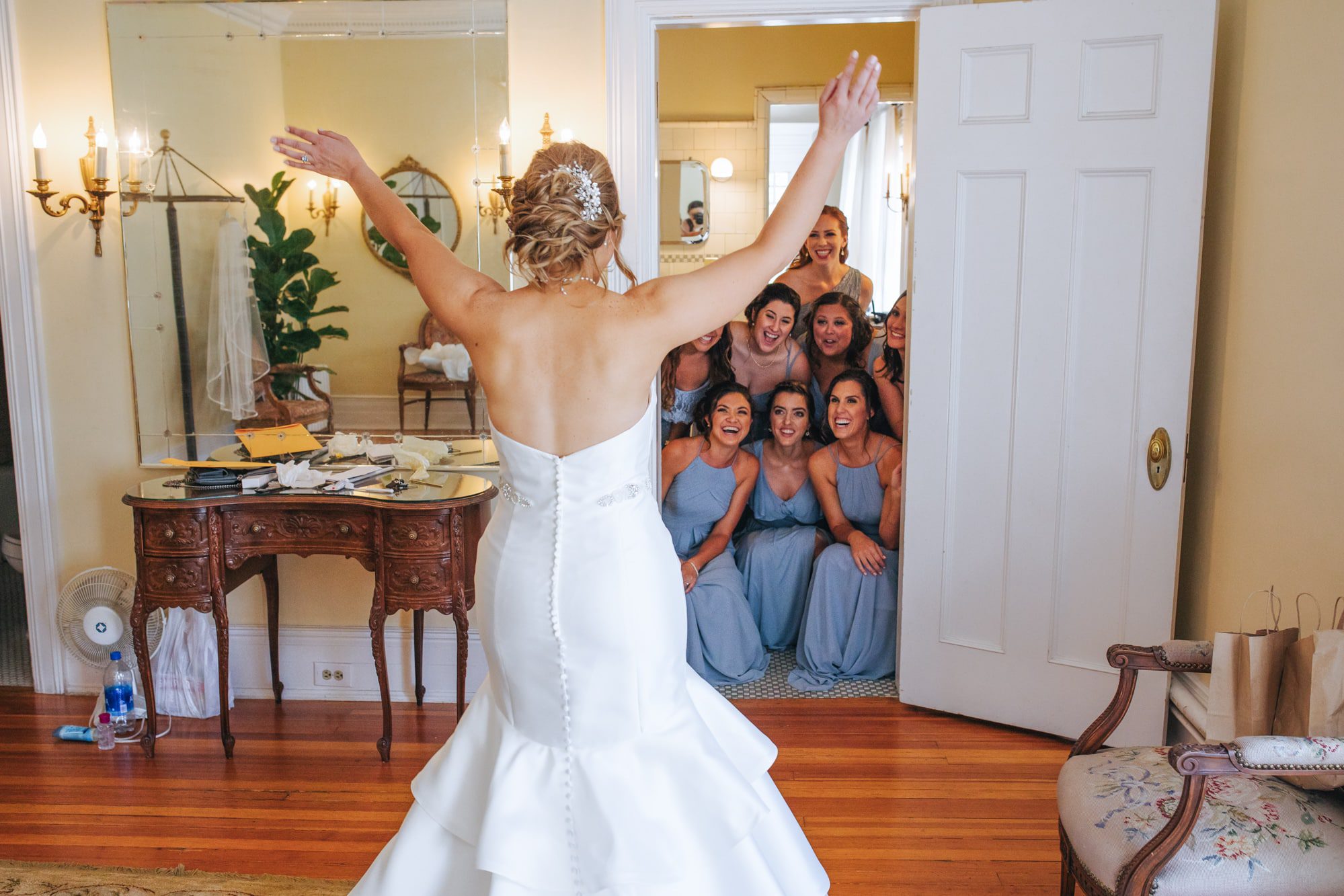 bridesmaids seeing bride in dress, bride in dress, bride and bridesmaids, light blue bridesmaids dresses, grant humphreys mansion