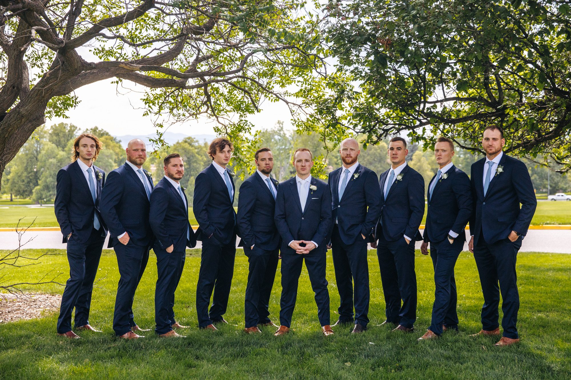 blue suit groomsmen, bride with groomsmen, light blue ties groomsmen, Cheeseman Park, Cheeseman Park wedding, denver wedding, denver wedding venues, outdoor wedding denver