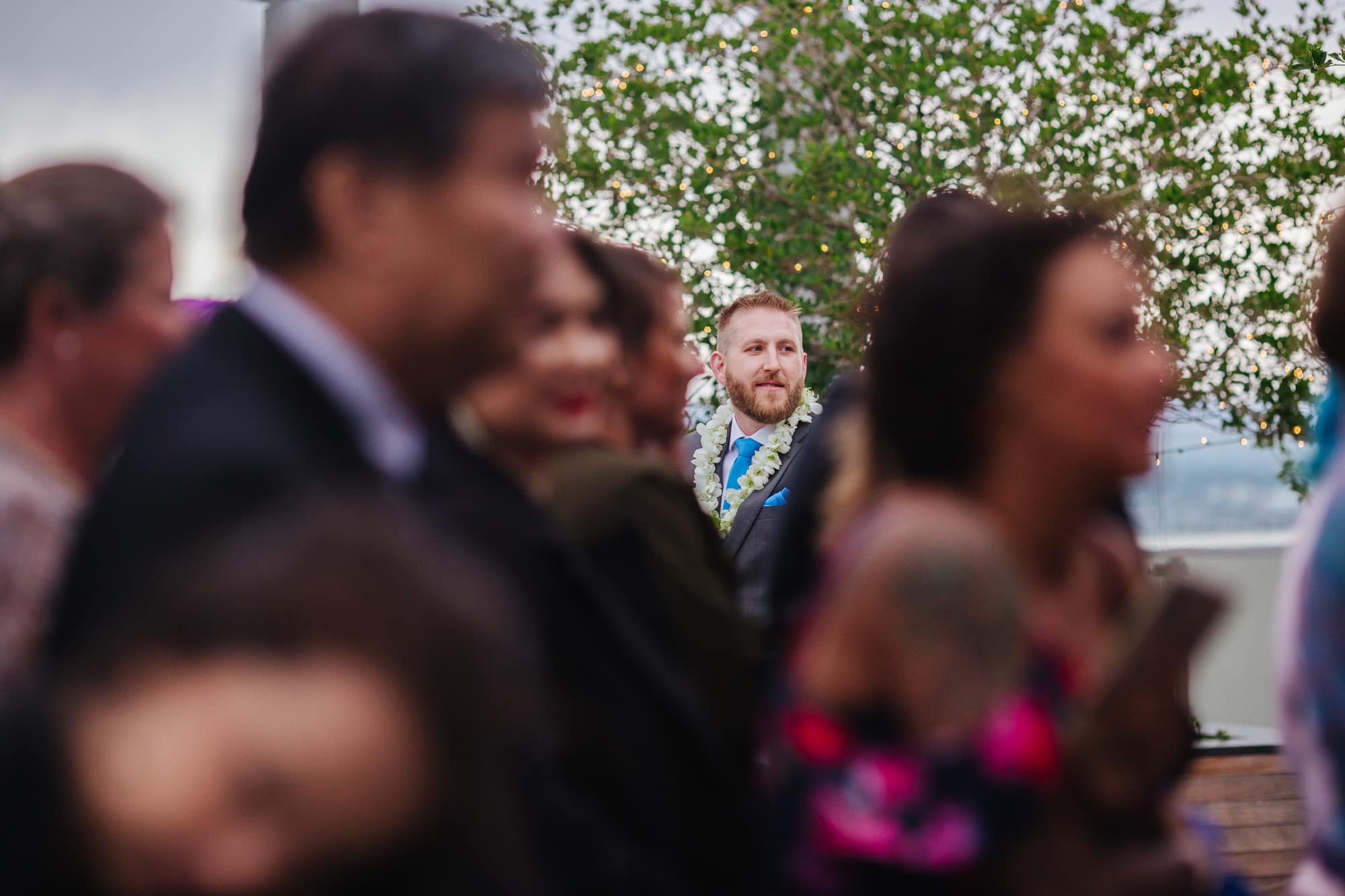 grooms reaction, groom seeing bride, groom seeing bride for first time, rooftop wedding ceremony, wedding ceremony