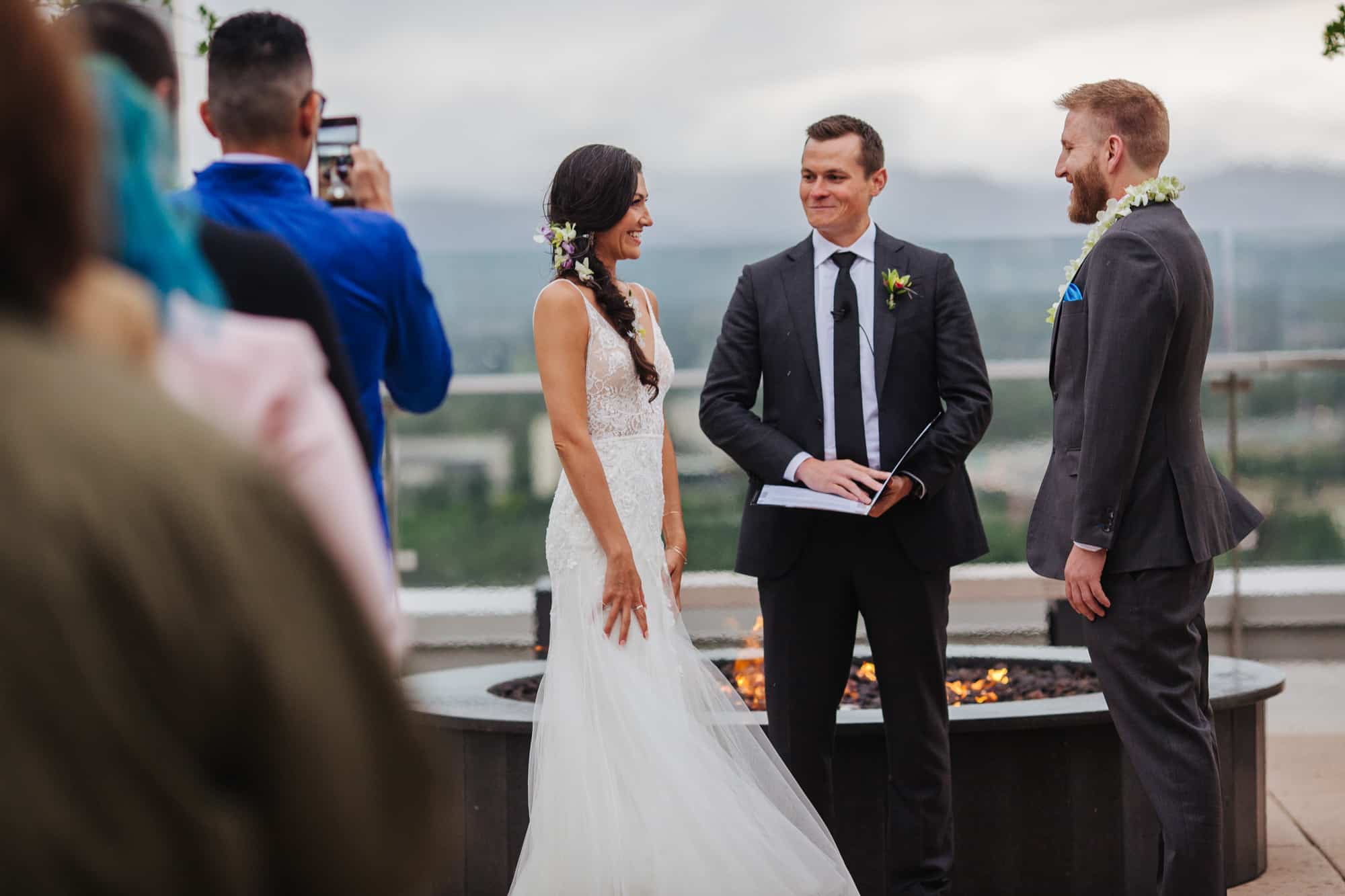 outdoor wedding ceremony, the terrace at colorado center wedding, denver wedding venue, outdoor ceremony, summer wedding, outdoor wedding, bride side braid, rooftop wedding ceremony, best wedding photographers in denver
