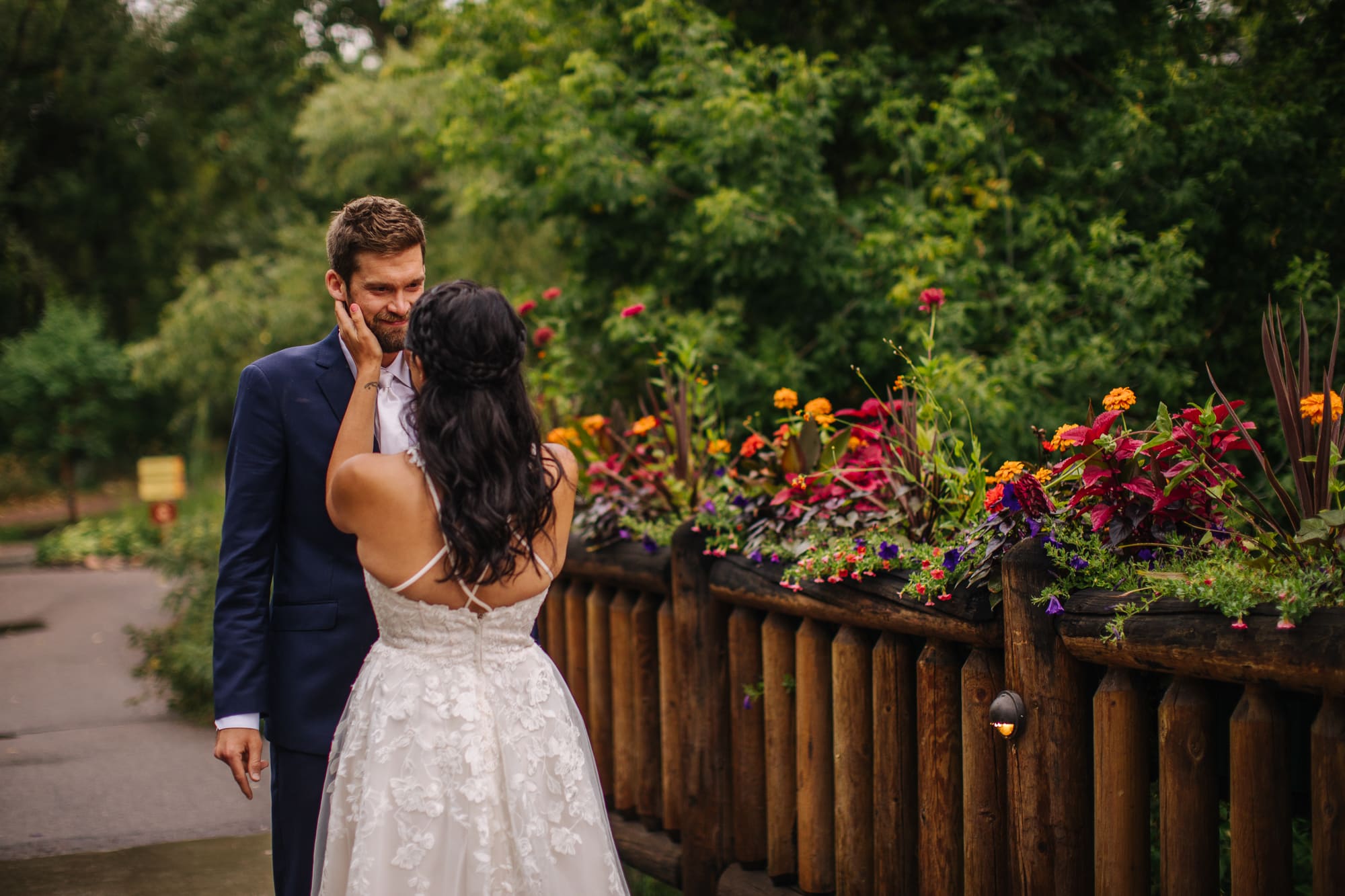 wedding first look, first look with bride and groom, colorado wedding photographer, wedding moments, wedding first looks, chatfield farm wedding, colorado wedding venue, rainy wedding, garden wedding, colorado garden wedding, chatfield farm botanic gardens denver