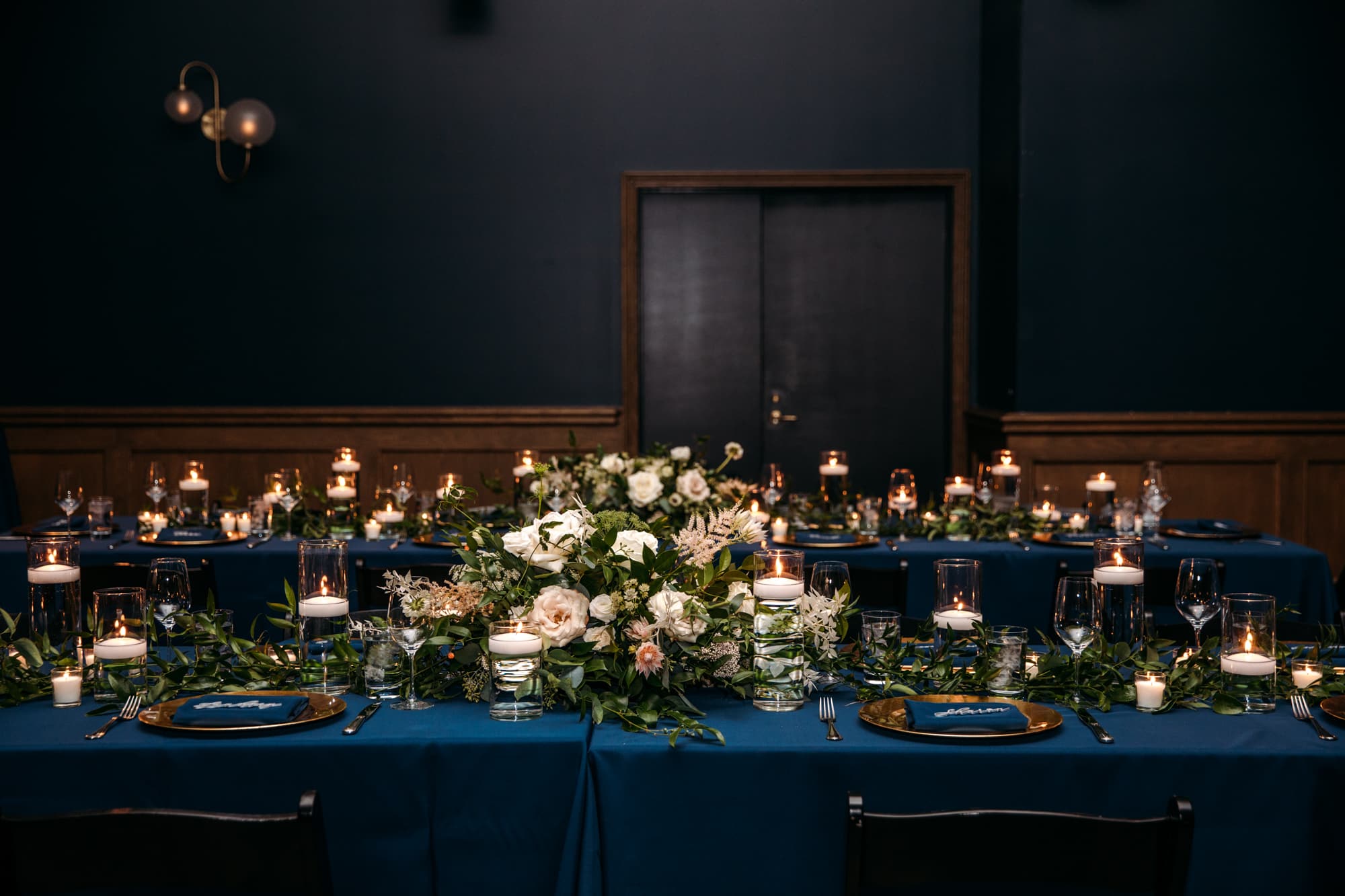 blue and green wedding colors, blue and white wedding colors, blue and gold wedding colors, wedding tablescape, modern wedding tablescape, white table florals, gold and navy blue wedding, modern wedding decor, ramble hotel wedding, hotel wedding, denver wedding photographer, denver wedding planner