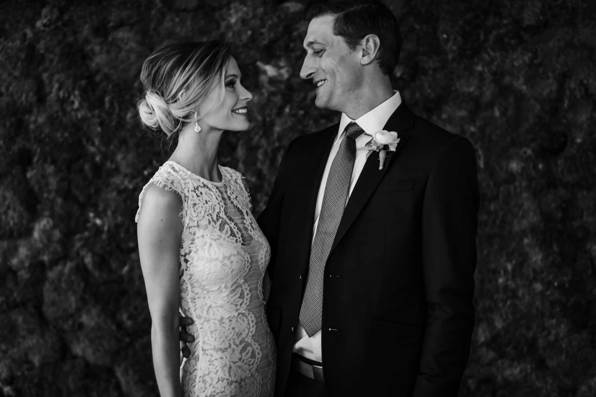 black and white photos, bride and groom, black and white portraits, elegant bride and groom, low bun hair bride, lace gown bride, chantilly lace bridal gown