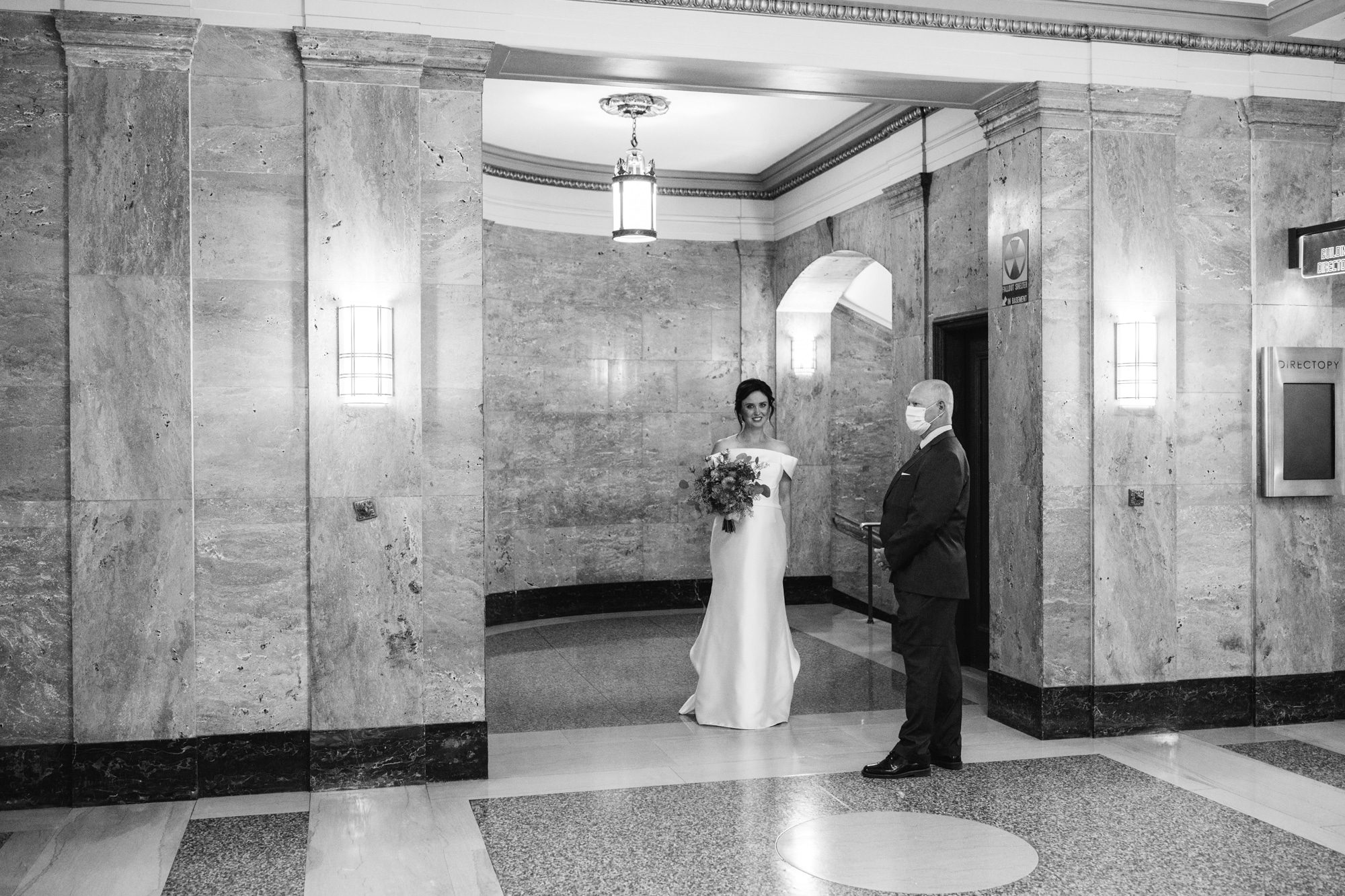 Black and white wedding photos, marble hallway, black and white wedding, covid wedding, bride with dad, bride before wedding