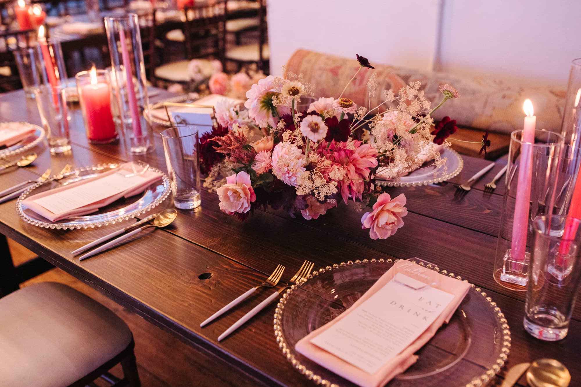 romantic wedding tablescape, pink wedding colors, gold and pink wedding tables, fremont foundry events, fremont foundry weddings, wedding reception decorations