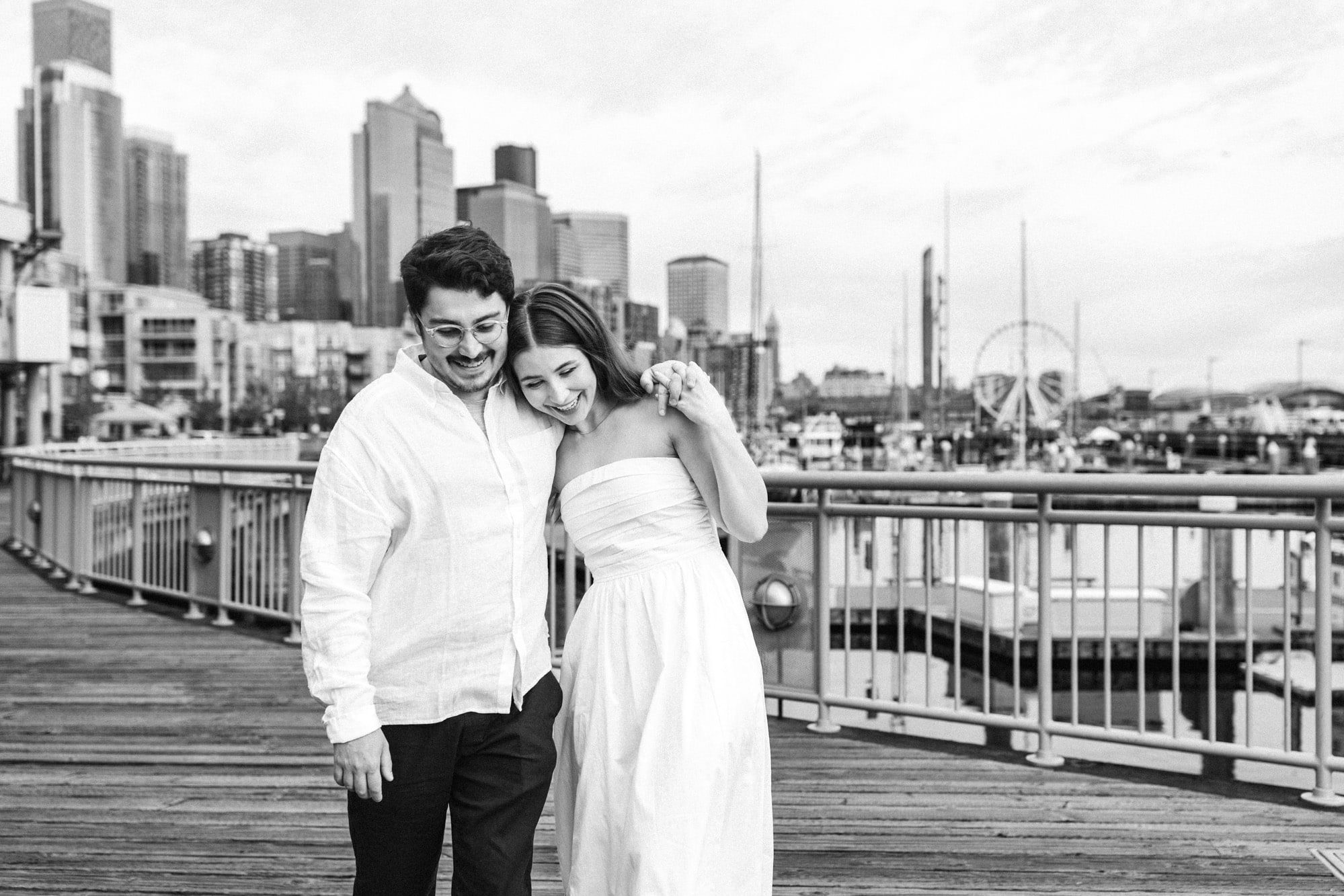 black and white engagement photos, city engagement photos, waterfront engagements, seattle engagements