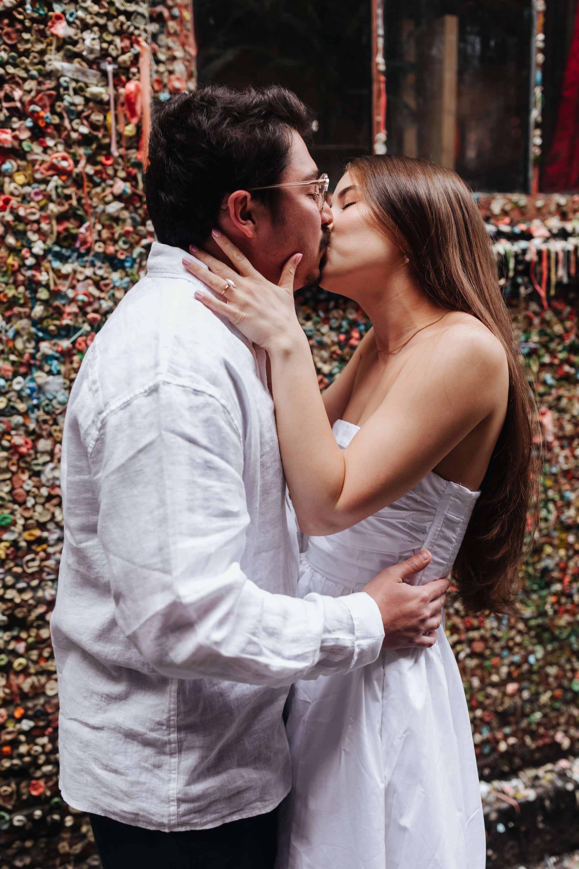 Seattle engagements, downtown Seattle engagements, gum wall seattle, gum wall engagement photos, seattle engagement photographer, seattle city engagements, urban seattle engagements, white outfits engagements, white engagement outfits
