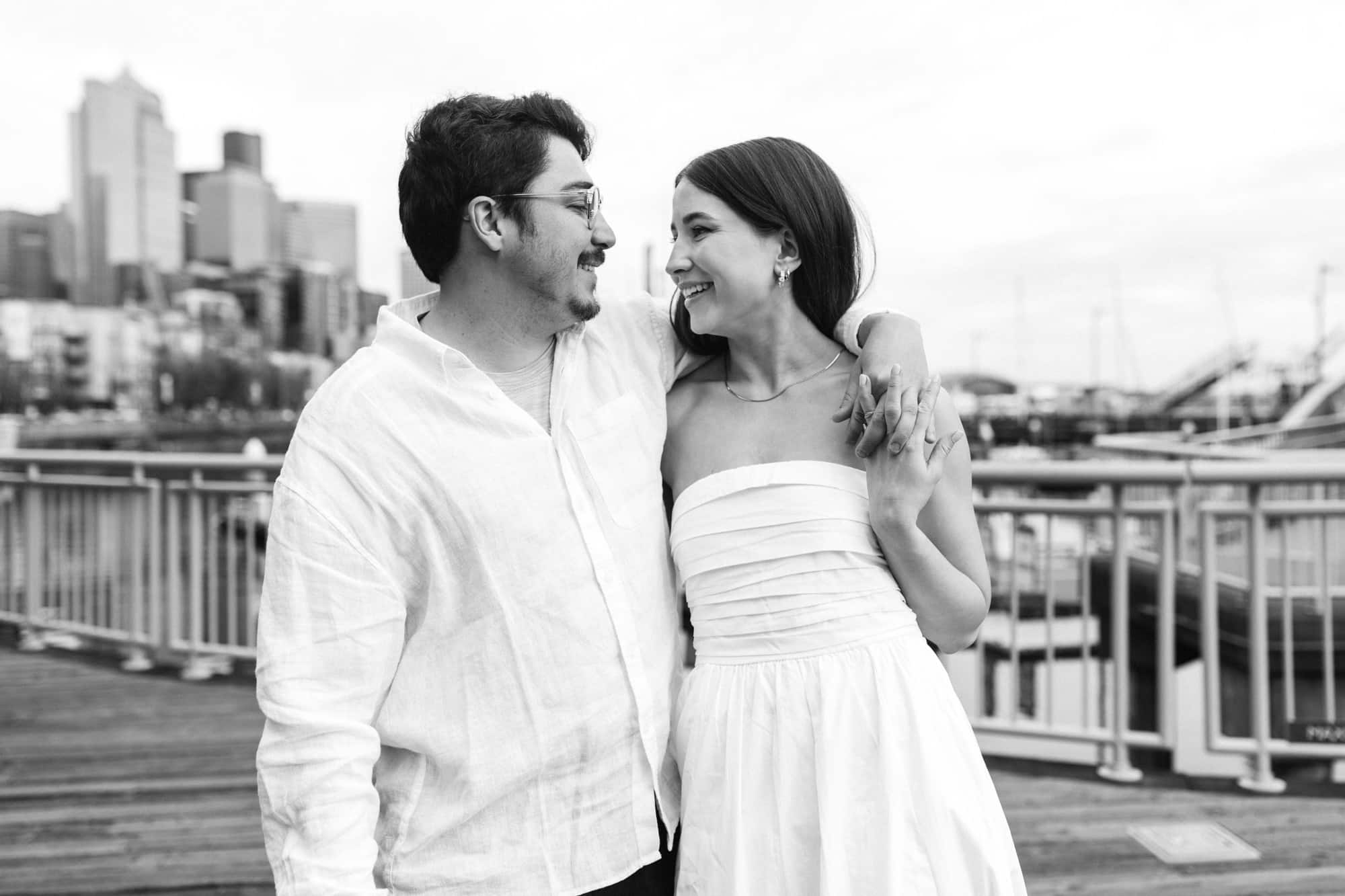 black and white engagement photos, city engagement photos, waterfront engagements, seattle engagements