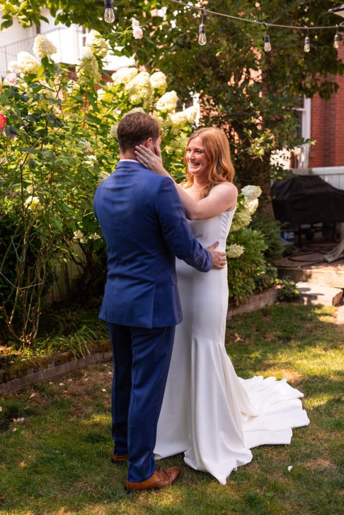 wedding first look, first look wedding ideas, backyard wedding, pnw backyard wedding, bride and groom first look, garden wedding ideas, first look in the garden, bride and groom intimate first look