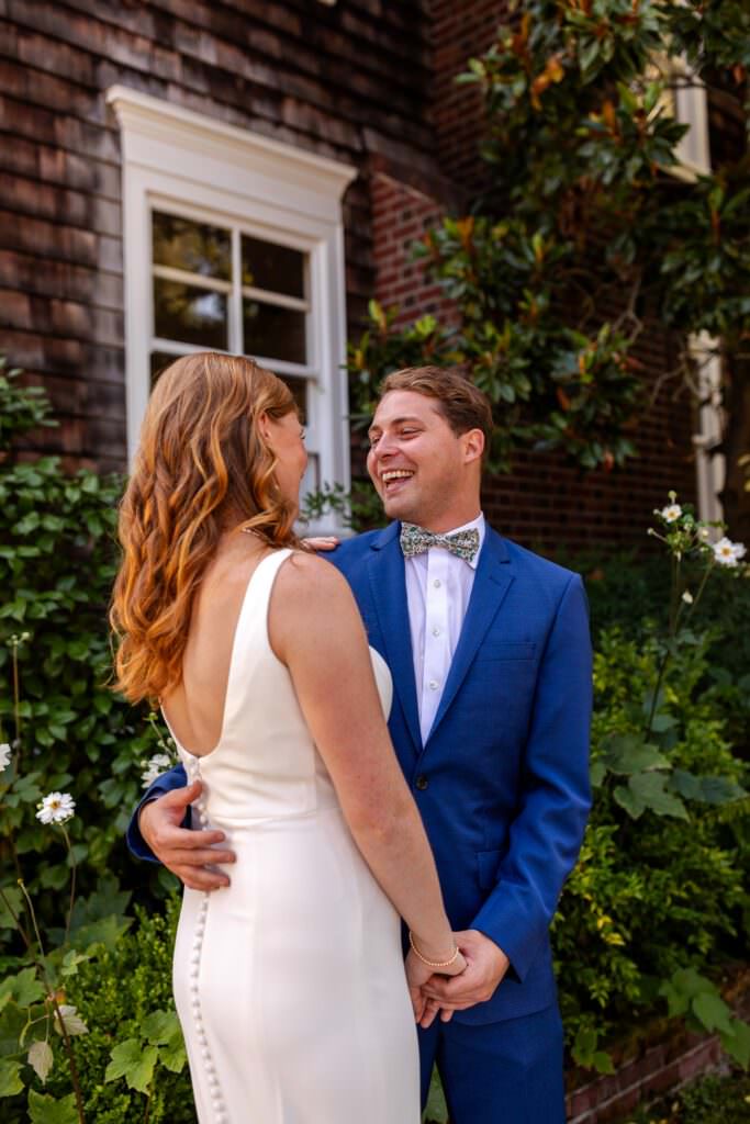 bride and groom backyard wedding, bride and groom at home wedding, at home wedding ideas, backyard wedding ideas, blue suit groom, neighborhood wedding