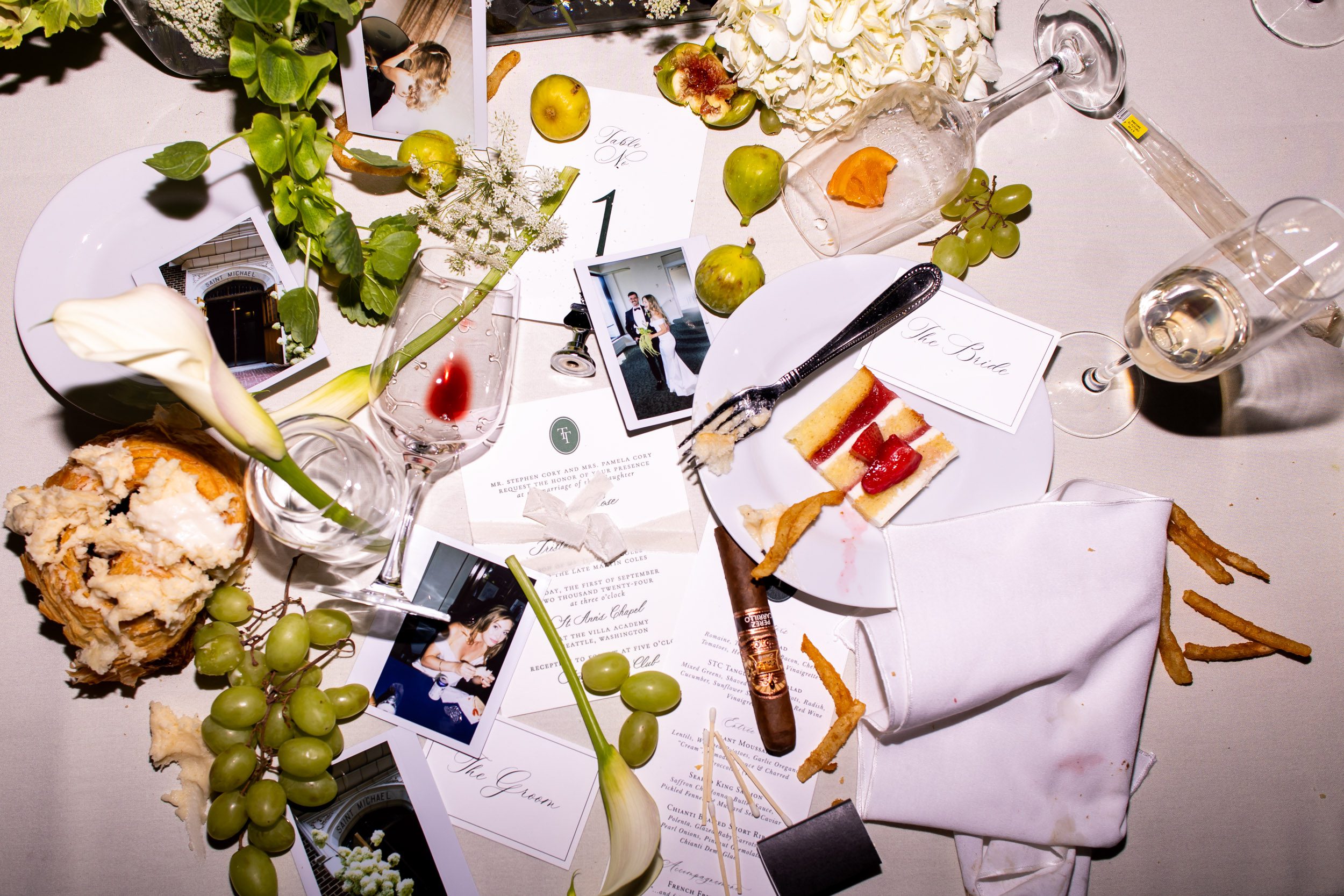 Fun late night flat lay detail photo after wedding reception at Seattle Tennis Club