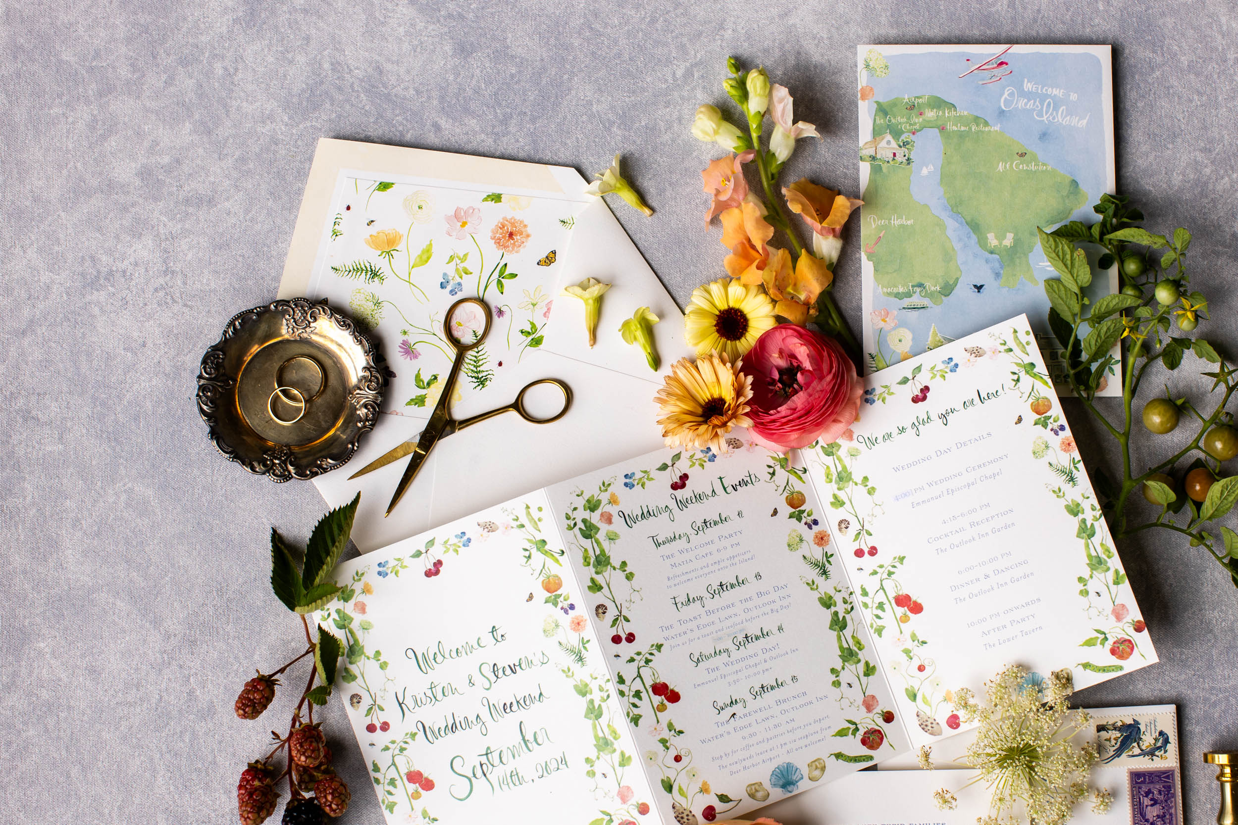 Orcas Island wedding invitation suite flat lay photo from luxury wedding on Orcas Island