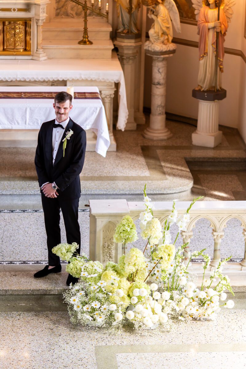 Villa Academy Seattle wedding ceremony, grooms reaction to bride walking down aisle