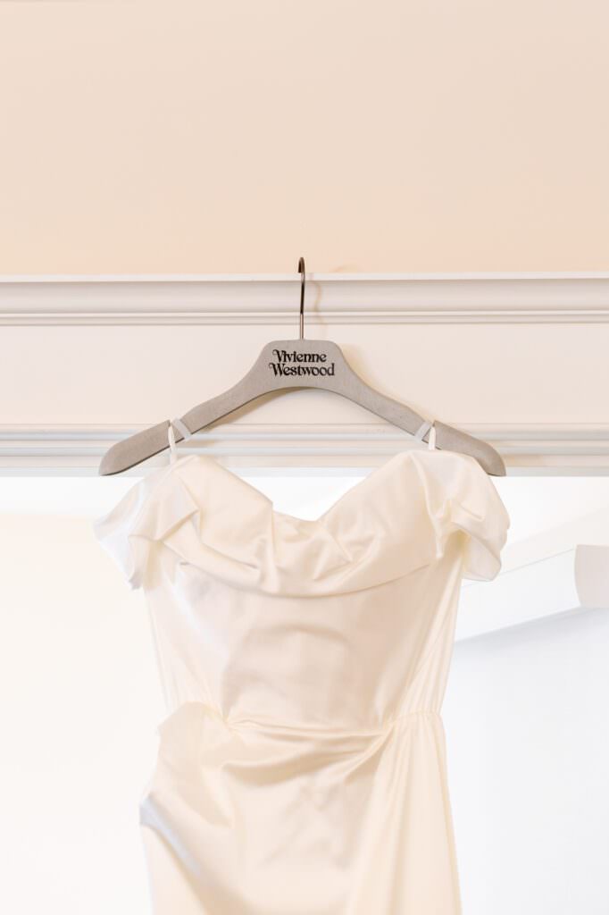 Vivianne Westwood wedding gown hanging during getting ready