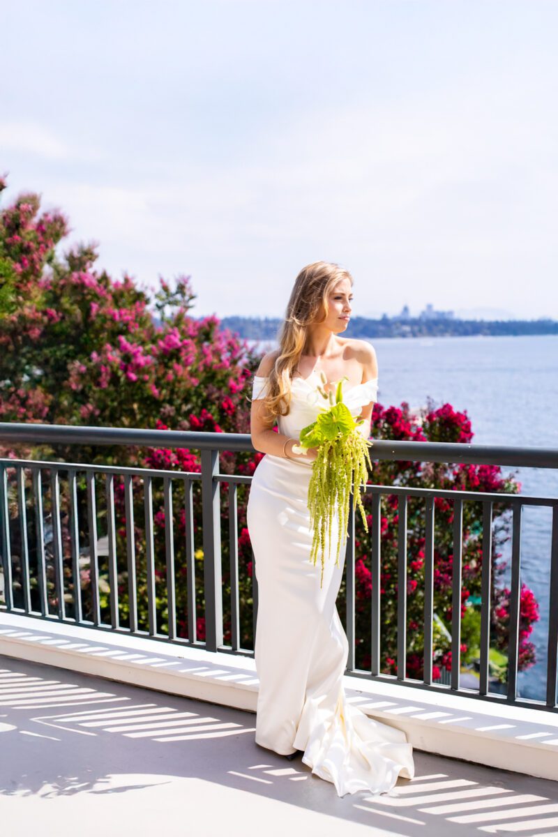 Bridal portrait during summer wedding at Seattle Tennis Club, trailing green wedding flowers, waterfront Seattle wedding