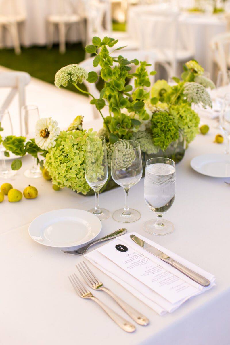 Seattle Tennis club outdoor tent wedding, grapes and green florals with white tablecloth