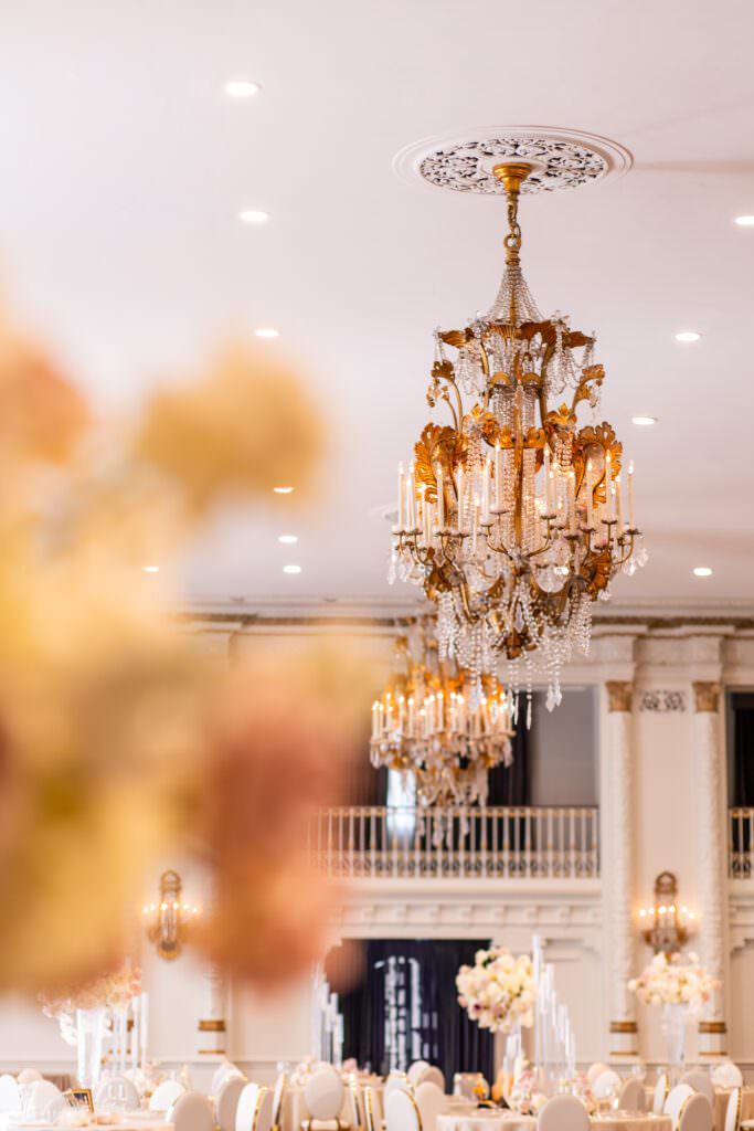 Photo of hanging chandeliers in luxury downtown Seattle wedding at the Fairmont Olympic Hotel