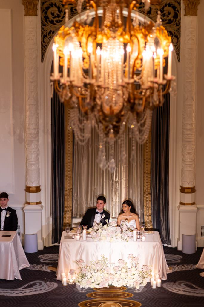 Bride and groom first dance during luxury wedding in downtown Seattle at the Fairmont Olympic Hotel.