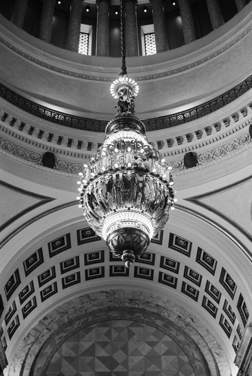 Black and white chandelier photo from the state capitol building in Olympia