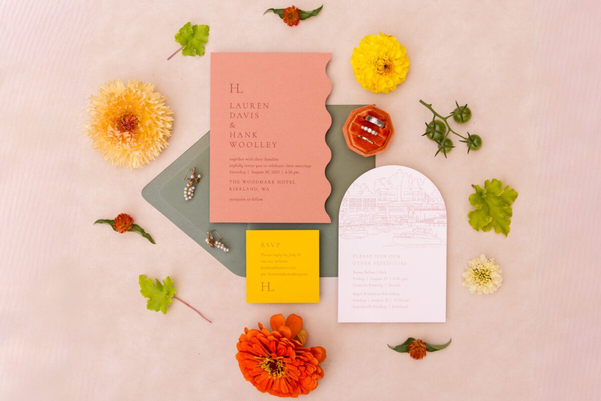 Wedding detail, photo of wedding invitations with flowers in Seattle