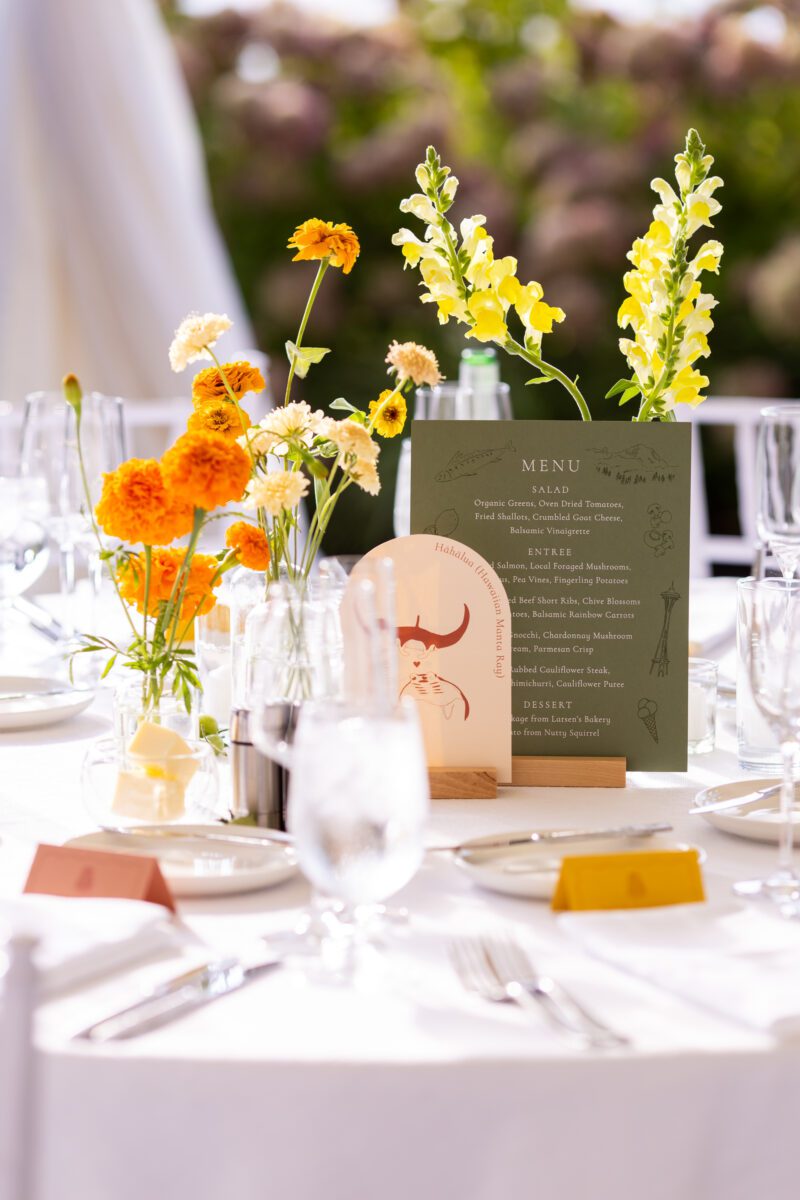 green, orange, and yellow wedding with elements of nature. simple wedding tablescape