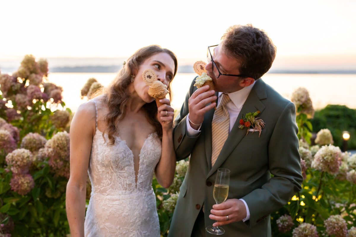 Bride and groom eating their ice cream cone gelato from nutty squirrel in Seattle