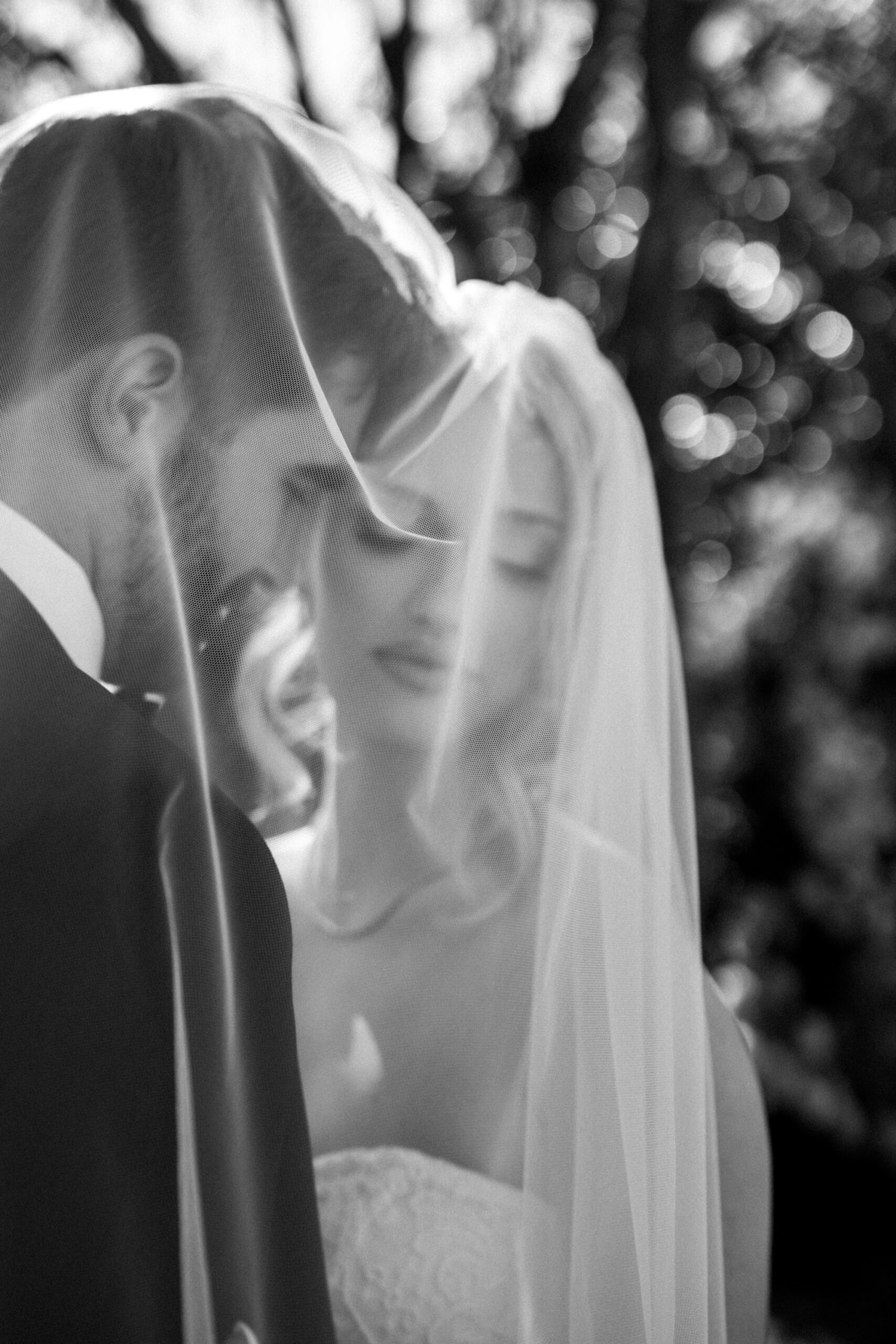 black and white photo of bride and groom in seattle