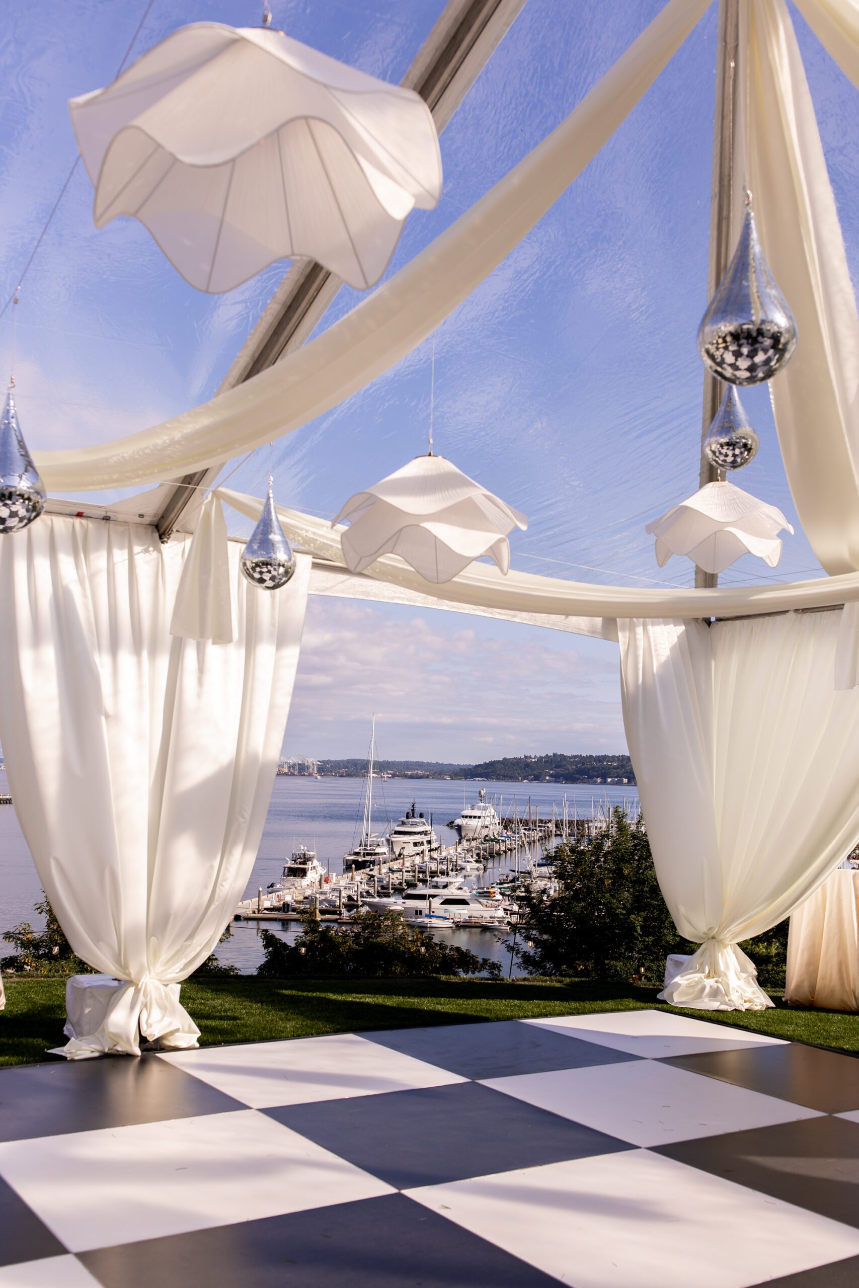 Admirals House Seattle, checkered dance floor and disco drip ball