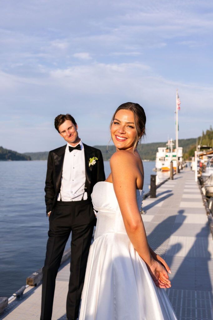 bride and groom in the sunset