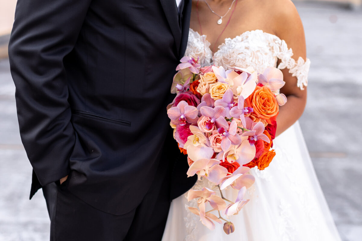 Closeup of colorful sunset bridal flowers on rooftop in downtown seattle