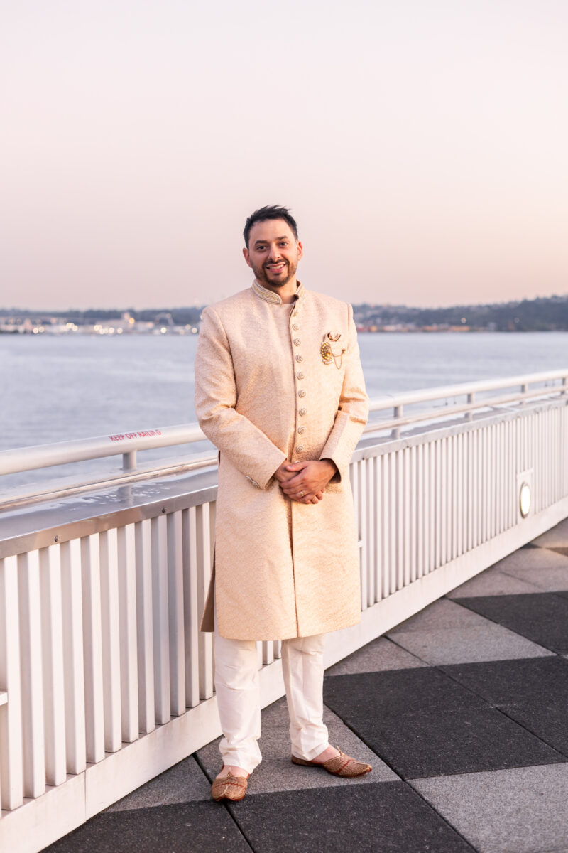 Blue hour, golden hour portraits on top of bell harbor conference center seattle indian wedding