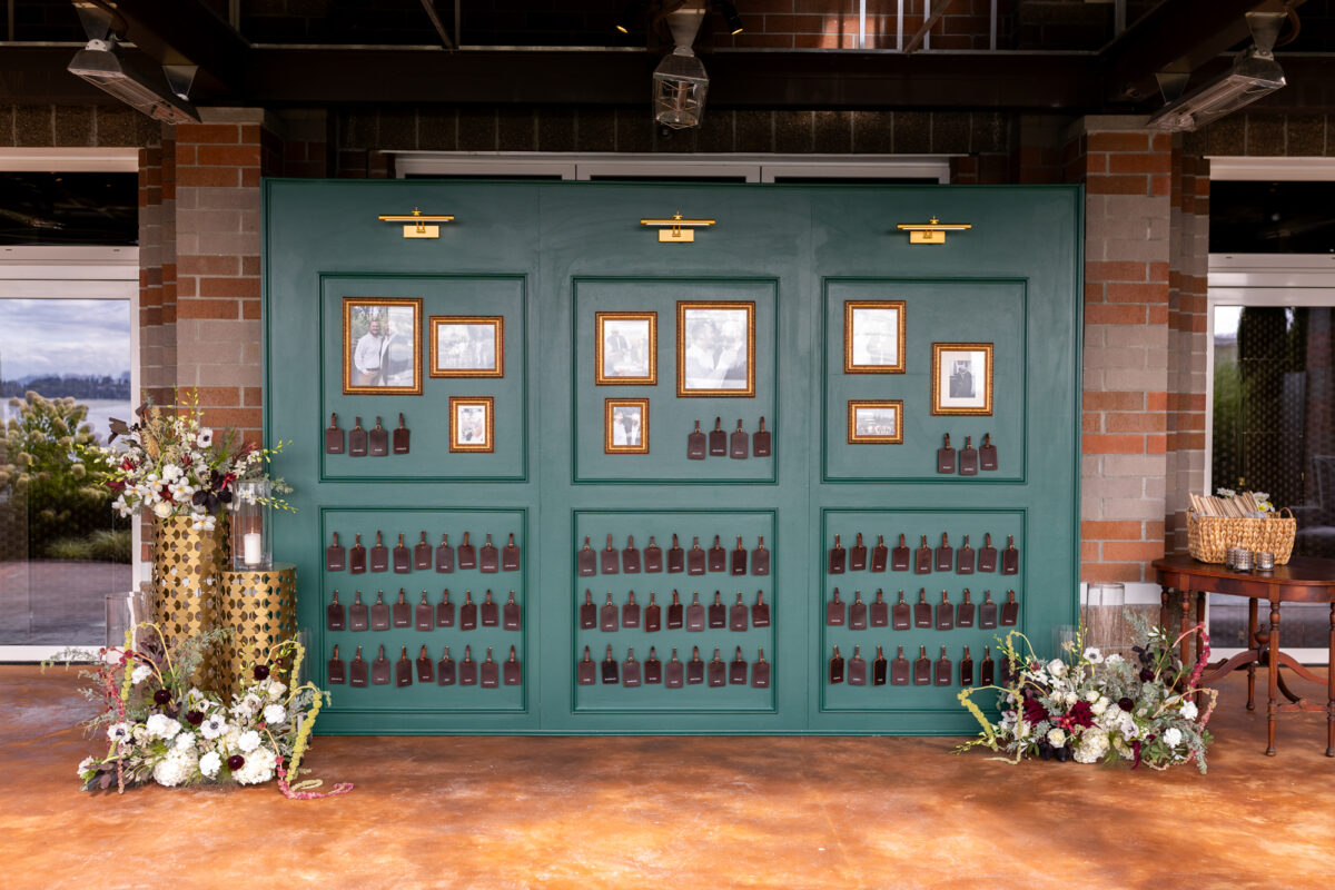 Green and gold table chart set up with luggage tags