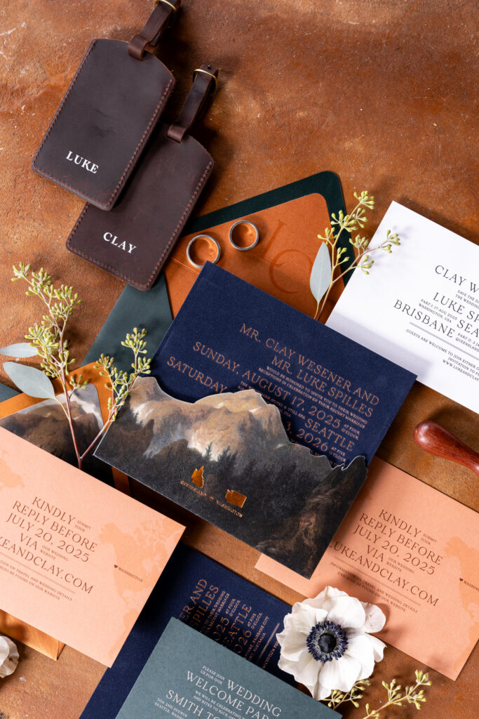 Orange and blue wedding invitations