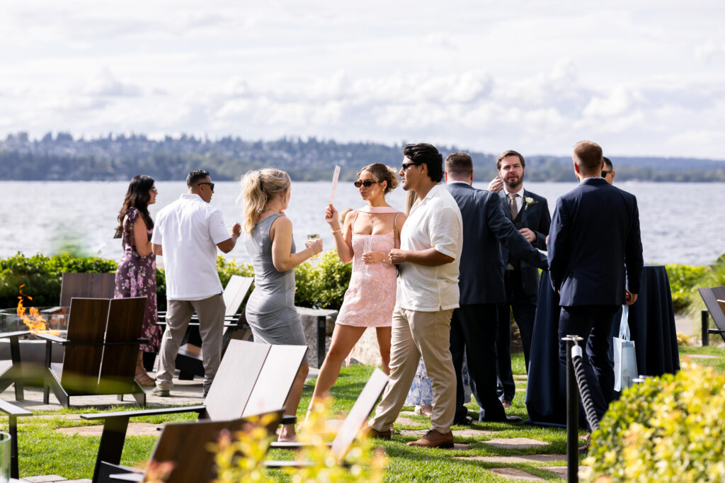 Guests during cocktail hour at woodmark hotel wedding reception