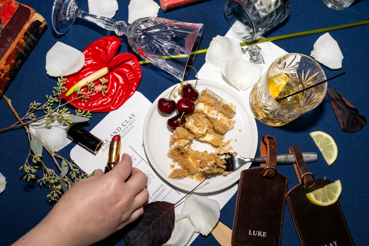 late night messy flat lay, fun table photo at end of night
