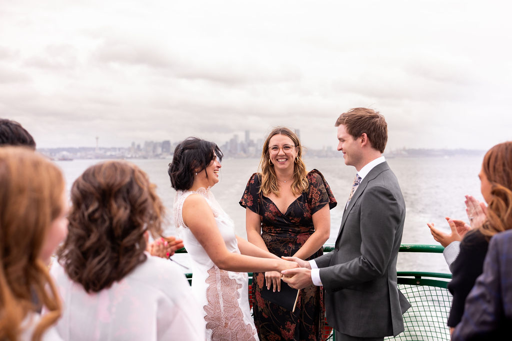 bride and groom at ferry wedding