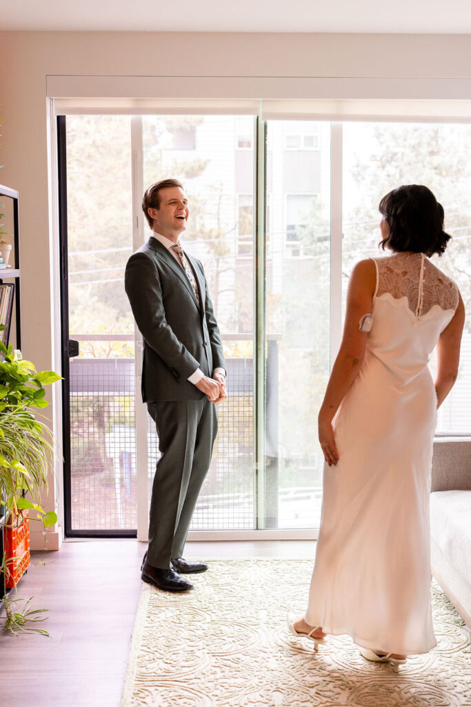 bride and groom share first look