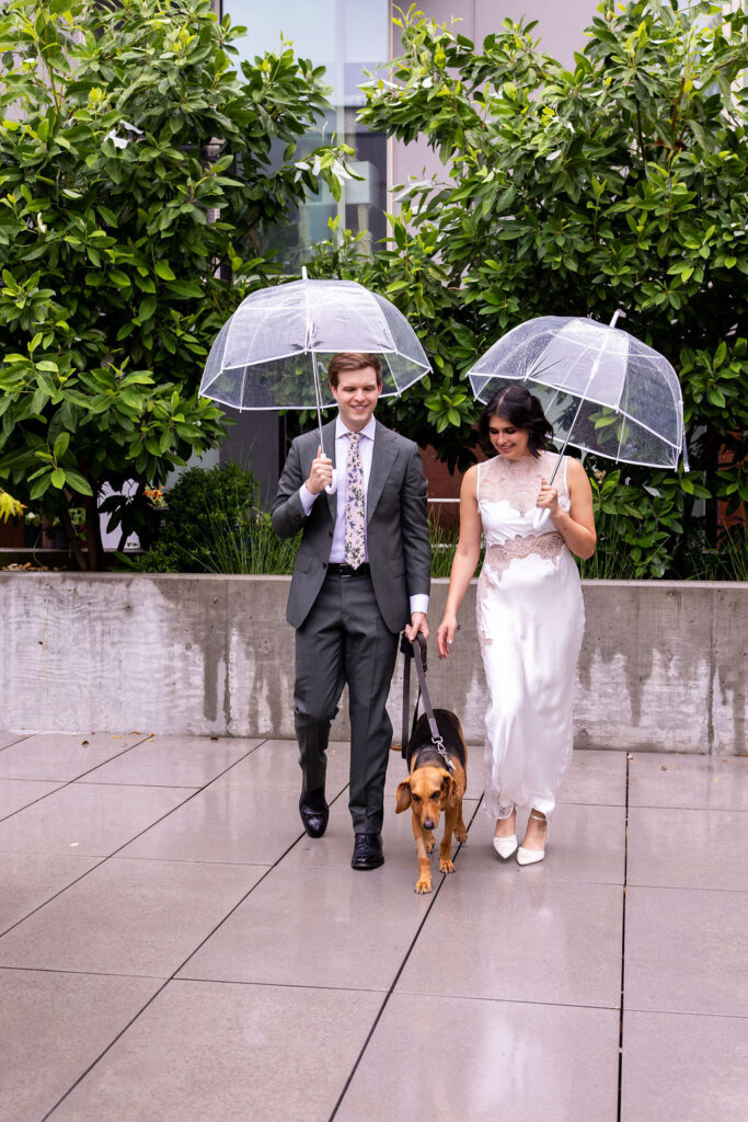 bride and groom walking with their dog