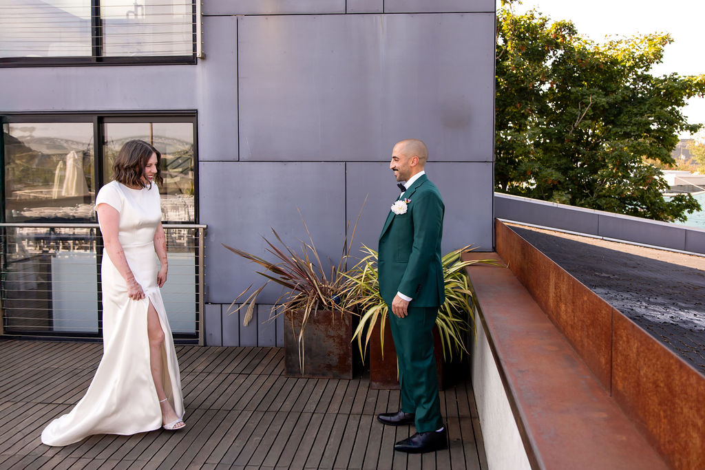 bride and groom first look